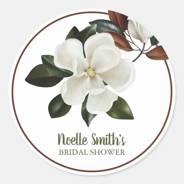 Elegant White Magnolia Flowers, Bridal Shower Classic Round Sticker (Front)