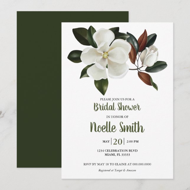 Elegant White Magnolia Flowers, Bridal Shower Invitation (Front/Back)