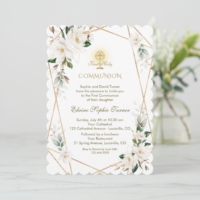 Elegant White Magnolia Gold First Holy Communion Invitation (Standing Front)