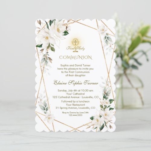 Elegant White Magnolia Gold First Holy Communion Invitation