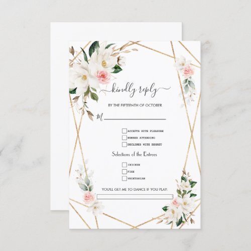 Elegant White Magnolia Gold Song Request Wedding  RSVP Card