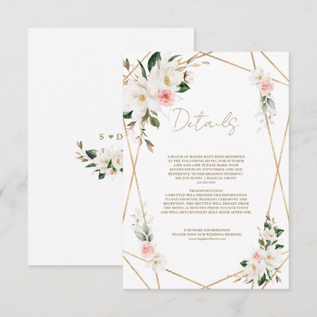 Elegant White Magnolia Gold Wedding Details Enclosure Card (Front/Back)