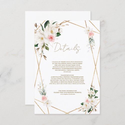 Elegant White Magnolia Gold Wedding Details Enclosure Card
