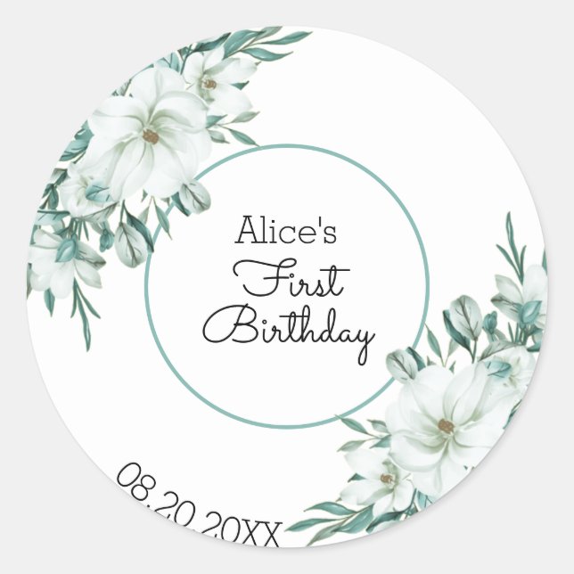 Elegant White Magnolia Greenery Flora 1st Birthday Classic Round Sticker (Front)