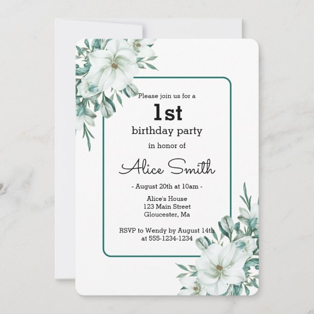 Elegant White Magnolia Greenery Flora 1st Birthday Invitation (Front)