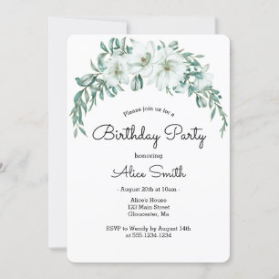 Elegant White Magnolia Greenery Flora Birthday Invitation