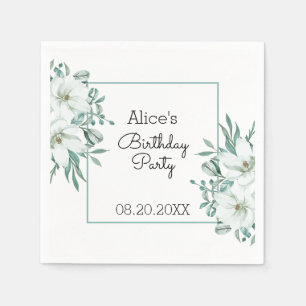 Elegant White Magnolia Greenery Flora Birthday  Napkins
