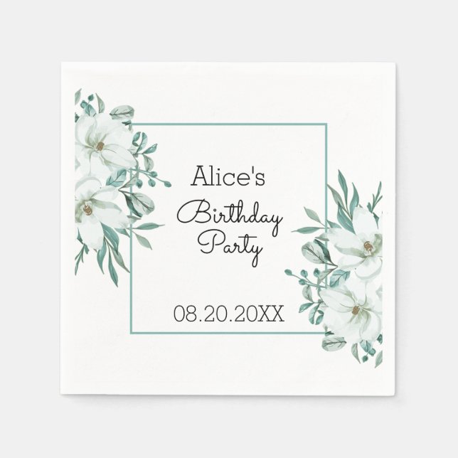 Elegant White Magnolia Greenery Flora Birthday  Napkins (Front)