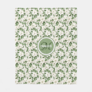 Elegant white magnolia monogram name fleece blanket