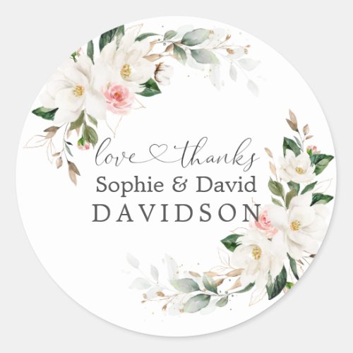 Elegant White Magnolia Pink Floral Wedding   Classic Round Sticker