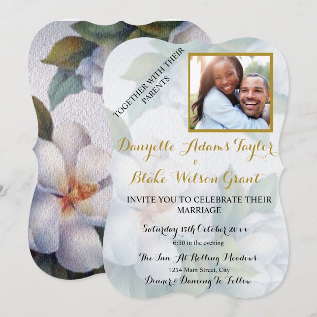 Elegant White Magnolia Watercolor Photo Wedding Invitation (Front/Back)