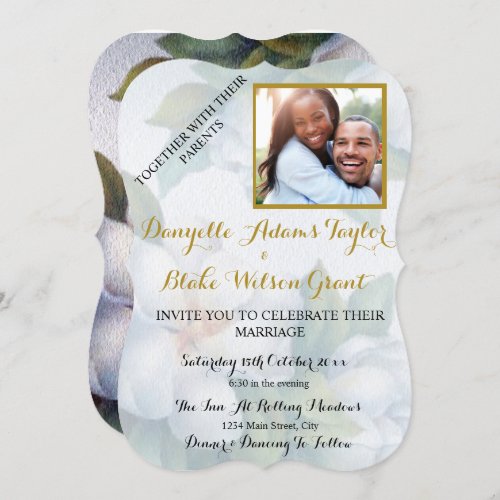 Elegant White Magnolia Watercolor Photo Wedding Invitation