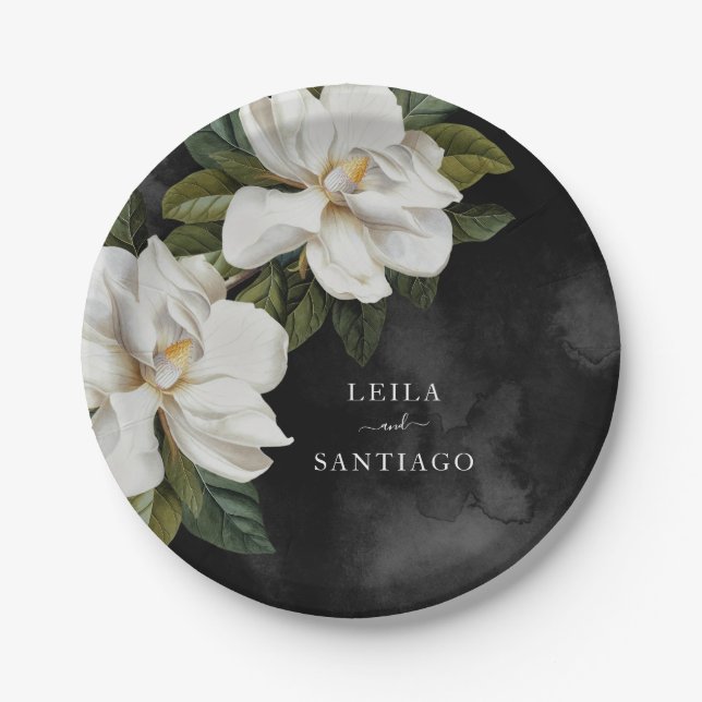 Elegant White Magnolia Wedding Paper Plates (Front)