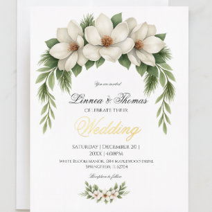 Elegant White Magnolia Wedding Pine Tree Frame Foil Invitation