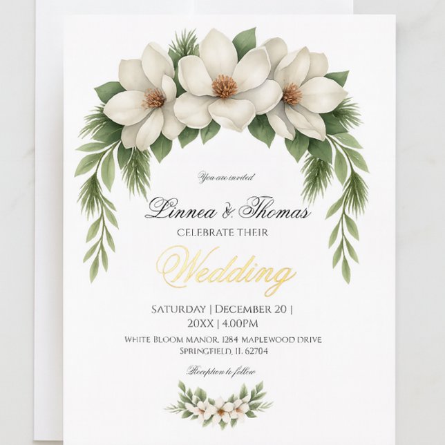 Elegant White Magnolia Wedding Pine Tree Frame Foil Invitation (Creator Uploaded)