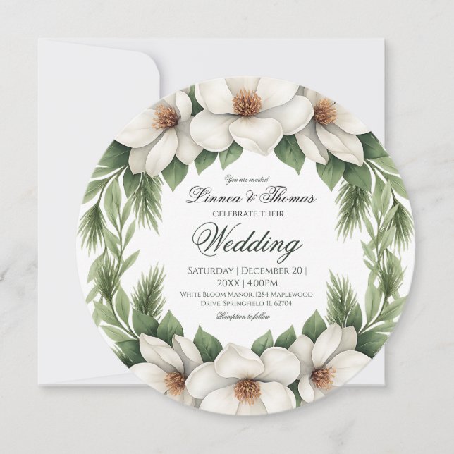 Elegant White Magnolia Wedding Pine Tree Frame Invitation (Front)