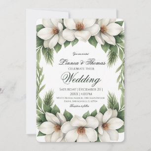 Elegant White Magnolia Wedding Pine Tree Frame Invitation