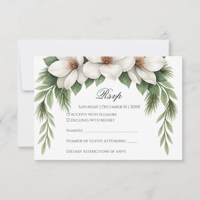 Elegant White Magnolia Wedding Pine Tree Frame RSVP Card (Front)