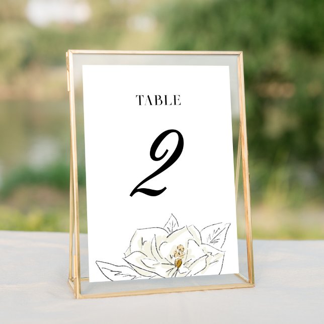 Elegant White Magnolia Wedding Table Number (Elegant Southern-inspired white magnolia illustration wedding table number cards.)