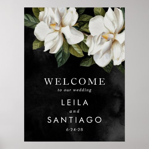 Elegant White Magnolia Wedding Welcome Poster Sign