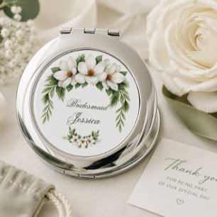 Elegant White Magnolia Winter Wedding Bridesmaid Compact Mirror