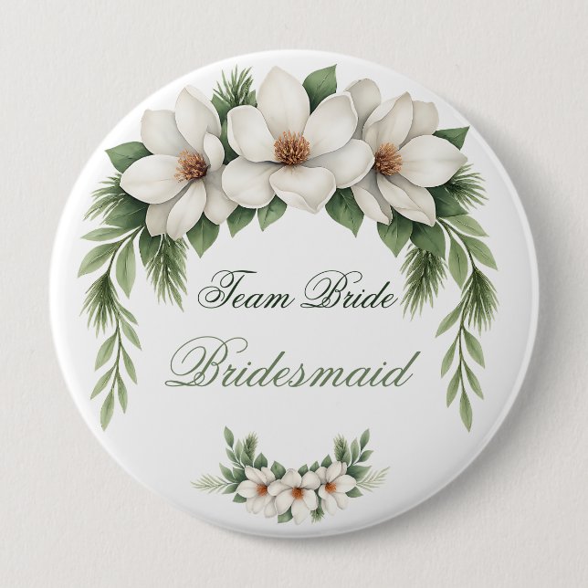 Elegant White Magnolia Winter Wedding Pine Tree  Button (Front)