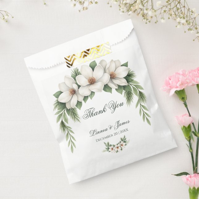 Elegant White Magnolia Winter Wedding Pine Tree  Favor Bag (Sealed)