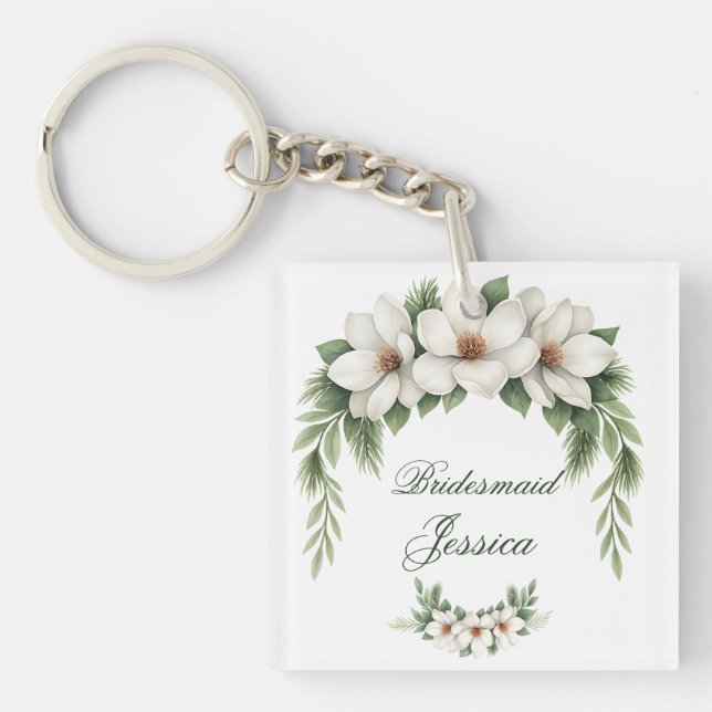 Elegant White Magnolia Winter Wedding Pine Tree  Keychain (Front)