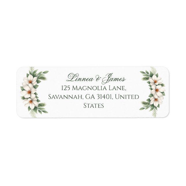 Elegant White Magnolia Winter Wedding Pine Tree  Label (Front)