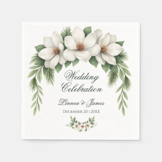 Elegant White Magnolia Winter Wedding Pine Tree  Napkins