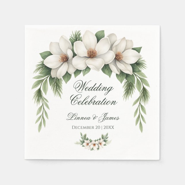 Elegant White Magnolia Winter Wedding Pine Tree  Napkins (Front)