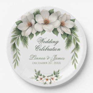 Elegant White Magnolia Winter Wedding Pine Tree  Paper Plates