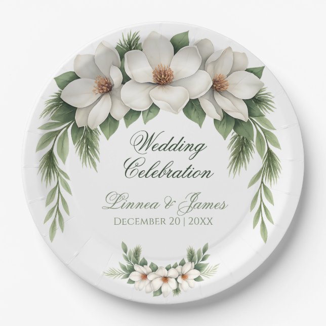 Elegant White Magnolia Winter Wedding Pine Tree  Paper Plates (Front)