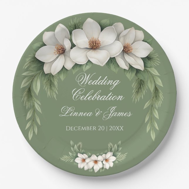 Elegant White Magnolia Winter Wedding Pine Tree  Paper Plates (Front)