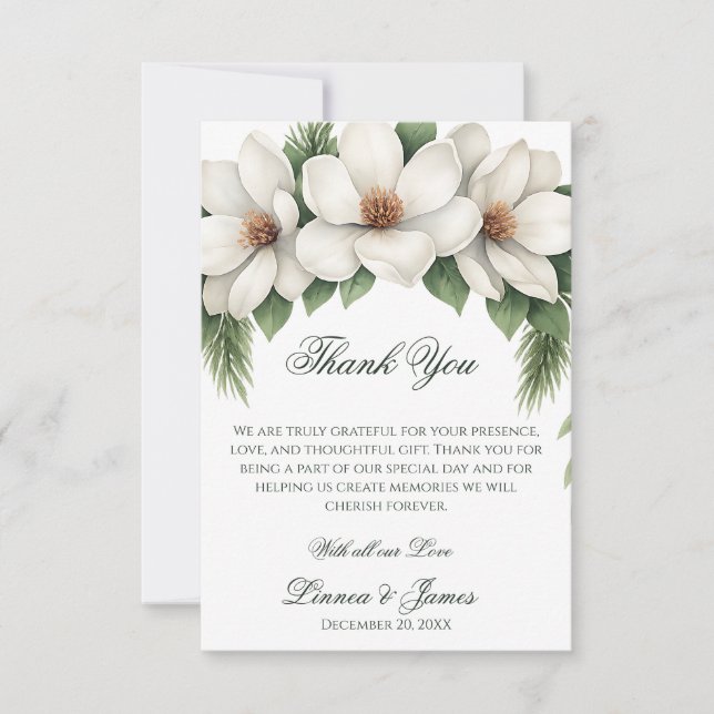 Elegant White Magnolia Winter Wedding Pine Tree  Thank You Card (Front)