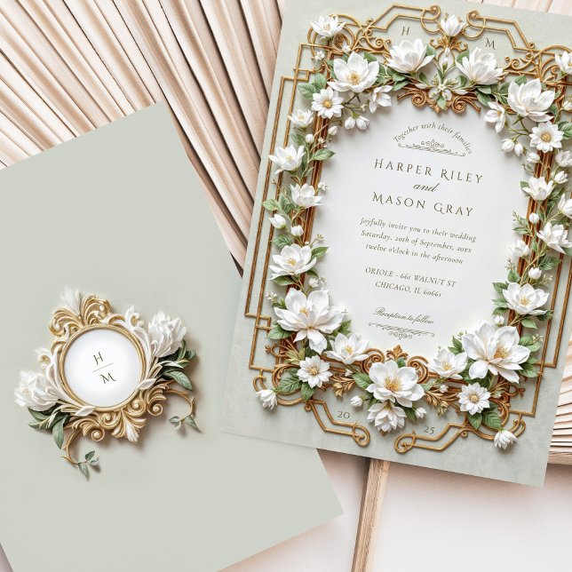 Elegant White Magnolia with Faux Gold Invitation (Creator Uploaded)