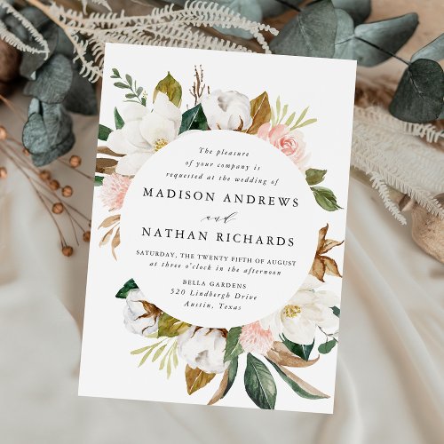 Elegant White Magnolias and Blush Floral Wedding Invitation
