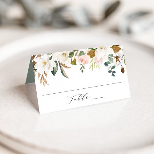 Elegant White Magnolias and Blush Floral Wedding Place Card