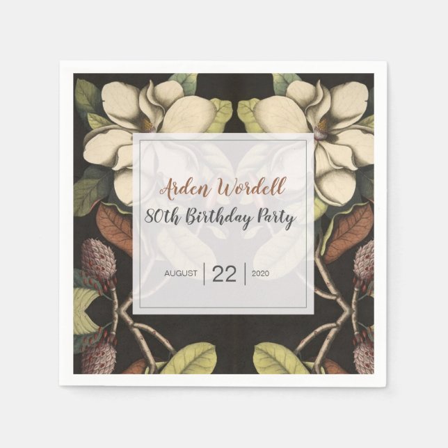 Elegant White Magnolias Birthday Party Napkins (Front)