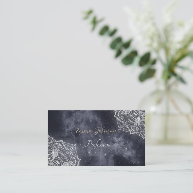 Elegant White Mandala Gray Nebula Design Business Card (Standing Front)