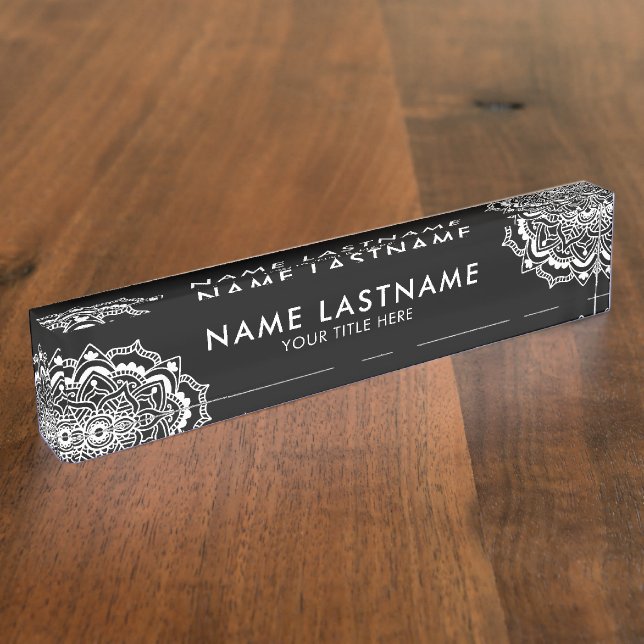 Elegant White Mandala Ornament on Black Title Desk Name Plate (Side)