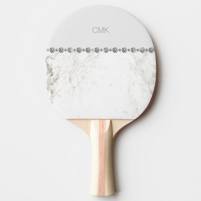 Elegant White Marble and Diamond Look Ping-Pong Paddle (Front)