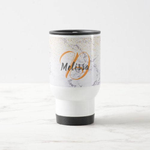 Elegant white marble and faux glitter monogrammed travel mug