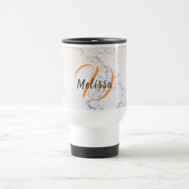 Elegant white marble and faux glitter monogrammed travel mug (Center)