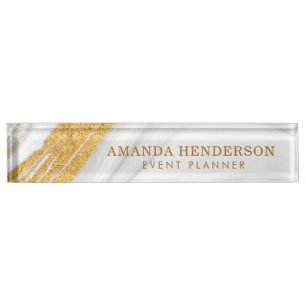 Elegant White Marble And Gold Desk Name Plate