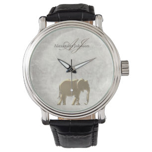 Elegant White Marble and Gold Elephant Monogrammed Watch