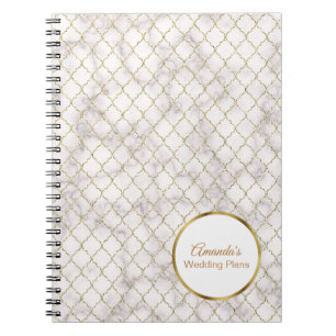 Elegant White Marble and Gold Quatrefoil Wedding Notebook