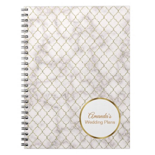 Elegant White Marble and Gold Quatrefoil Wedding Notebook