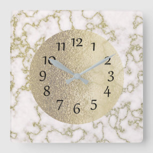 Elegant White Marble and Gold Square Wall Clock