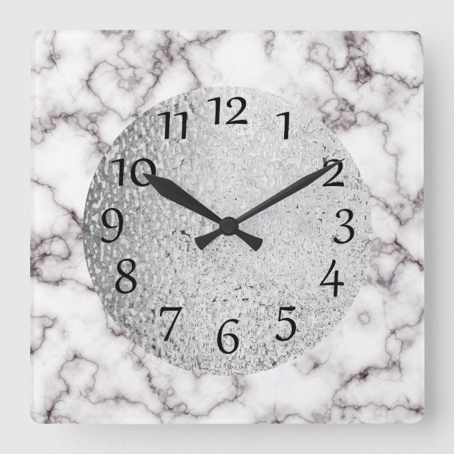Elegant White Marble and Gray with Silver Square Wall Clock (Front)